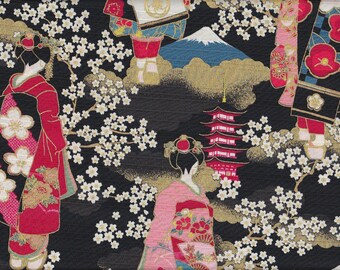22,90 Eur/m Japan Stoff traditionelle japanische Motive Baumwolle 50cm x 110cm Maiko & Sakura schwarz C1044e