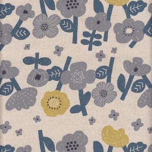 May include: Fabric with a floral pattern. The design features grey and yellow flowers with blue stems and leaves on a cream background. The flowers vary in size, with small, four-petal flowers scattered throughout.