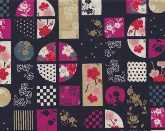 29.90 EUR/meter Oilcloth coated cotton from Japan Quilt Gate 50 cm x 110 cm Modern - Sakura Patch navy UB342c