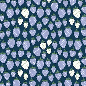 Könnte beinhalten: Ein nahtloses Muster mit lila und weißen Erdbeeren auf dunkelblauem Hintergrund. Die Erdbeeren sind in einem einfachen, handgezeichneten Stil gezeichnet.
