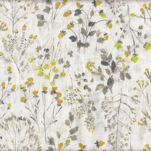 May include: A fabric with a repeating pattern of yellow and orange wildflowers and foliage on a white background. The design includes various plant shapes and textures, creating a natural, botanical theme.
