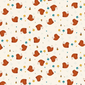 May include: A repeating pattern featuring cartoon foxes in shades of brown with white-tipped tails. The design includes yellow and blue mushrooms, small bees, and tiny crescent moons on a cream-colored background.