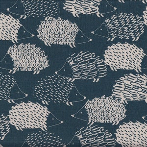 May include: A fabric pattern featuring a repeating design of hedgehogs in off-white against a dark teal background. The hedgehogs have various textured patterns, including lines, dots, and detailed shapes, creating a whimsical and playful aesthetic.
