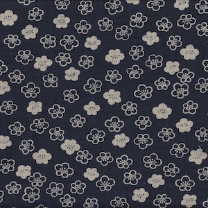 May include: Navy blue fabric featuring a repeating pattern of off-white plum blossom motifs. The blossoms are outlined with a fine line, and the fabric has a subtle texture, creating a visually appealing design.