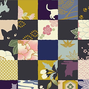 Peut inclure: Un motif de patchwork avec des carrés illustrant des fleurs et des chats. Les carrés sont de différentes couleurs, dont le bleu marine, l'or, le rose et le crème. Les chats sont en silhouette et les fleurs comprennent des fleurs de cerisier et des pivoines.