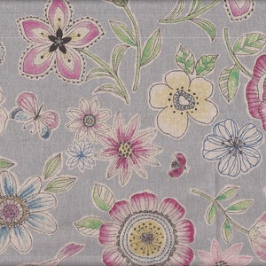 May include: Floral fabric with a light gray background. The design features various flowers in pink, yellow, and blue, with green leaves and stems. A butterfly is also included in the design. The fabric has a delicate, hand-drawn appearance.