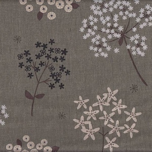 May include: A textile with a floral design. The pattern shows stylized flowers in white, black, and cream on a muted grey backdrop. The flowers have delicate, star-shaped petals and are arranged in clusters.