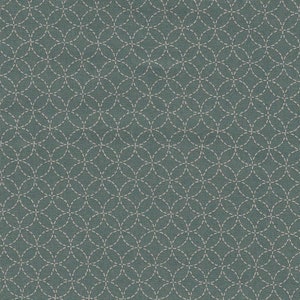 Può includere: Un tessuto color verde acqua con un motivo di cerchi sovrapposti cuciti in bianco.
