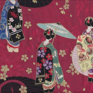 May include: A repeating pattern featuring geishas in colorful kimonos, holding parasols, and surrounded by gold cherry blossoms. The background is a deep red with a subtle textured design. The geishas' kimonos display intricate floral patterns.