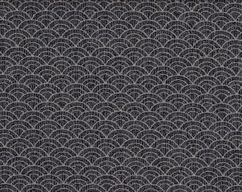 May include: A close-up of a textile with a repeating pattern of overlapping, semi-circular shapes. The background is a dark navy blue, and the pattern is a lighter, off-white color. The design resembles fish scales or a fan.