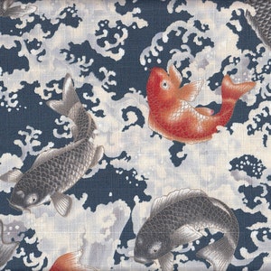 May include: Fabric with a repeating pattern of koi fish and stylized waves. The fish are in shades of gray and red, with a few swimming against a backdrop of dark blue and white waves. The fabric has a linen-like texture.