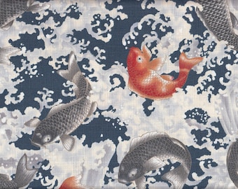 19,90 Eur/m Japan Stoff traditionell Baumwolle 50cm x 110cm Koi blau C3522b