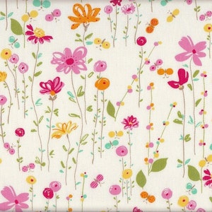 May include: A fabric pattern with a charming floral design. It features pink, yellow, and orange flowers with green leaves and stems, alongside small butterflies, set against a cream background.