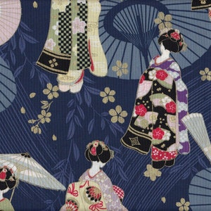 May include: A blue fabric with a repeating pattern of Japanese women in kimonos and parasols. The women are depicted in various poses, and the parasols are open and closed. The fabric is decorated with gold accents and floral motifs.