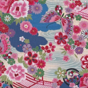 22.90 Eur/meter traditional Japanese fabrics cotton sold by the meter 50 cm x 110 cm Hana to chou blue B304f