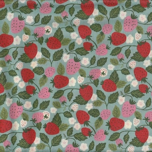 29.90 Eur/Meter Oilcloth laminated Japanese cotton fabric Cosmo 50 cm x 110 cm strawberries light blue UO541c