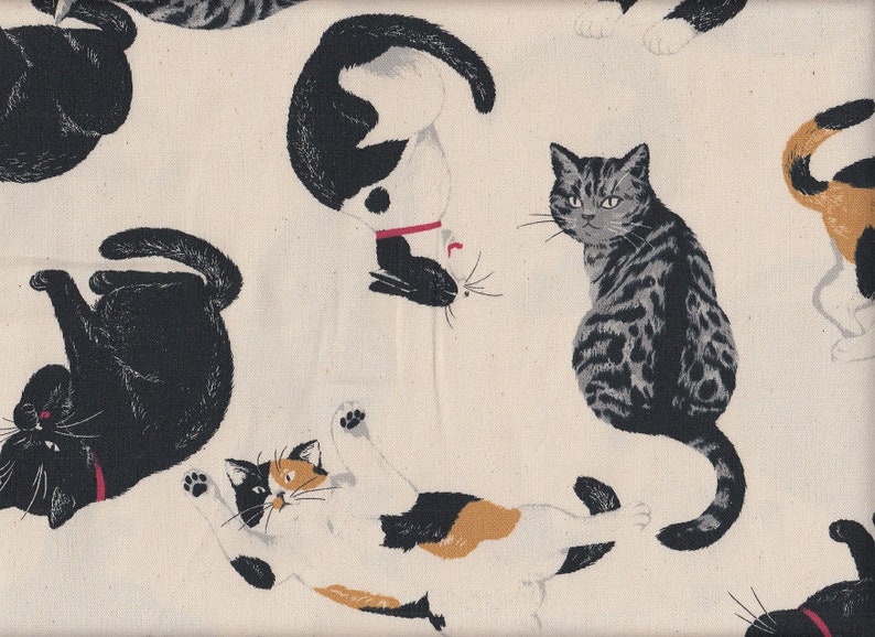 29.00 Eur/meter oilcloth laminated Japanese cotton fabric sold by the meter Cosmo 50 cm x 110 cm oilcloth cats natural UQ722b image 1