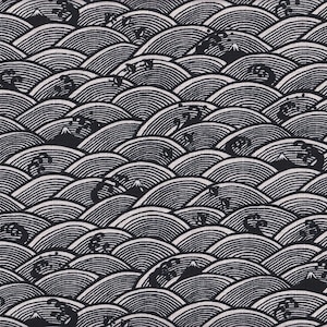 22,90 Eur/Metro tessuti tradizionali giapponesi cotone dobby 50 cm x 110 cm onde e Fuji nero C0103c