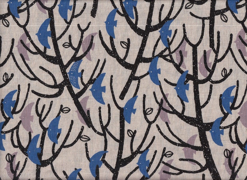20.90 Eurmeter fabric from Japan cotton linen 50 cm x 110 cm birds in tree blue P150e