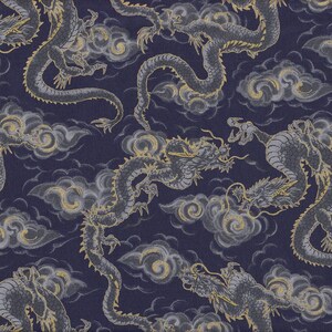 May include: Dark blue fabric featuring a repeating pattern of grey dragons and gold-coloured clouds. The dragons are in dynamic poses, with detailed scales and open mouths. The clouds have a swirling design.