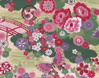 19,90 Eur/mètre tissus traditionnels japonais coton au mètre 50 cm x 110 cm Hana à chou vert B304g
