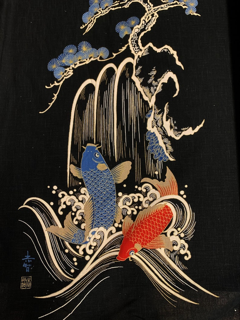 Japanese Noren Panel Japanese fabric cotton sold by the meter 48 cm x 110 cm Panel Koi black VP40 image 1