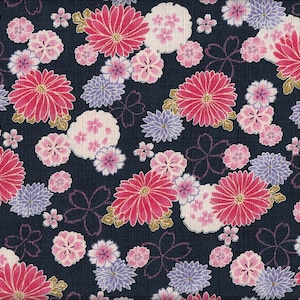 Könnte beinhalten: Ein Blumenmuster mit rosa und roten chrysanthemenartigen Blüten, kleineren rosa Blüten und Lavendelblüten auf einem dunkelblauen Hintergrund. Das Design umfasst stilisierte dunkelviolette Blumenkonturen.
