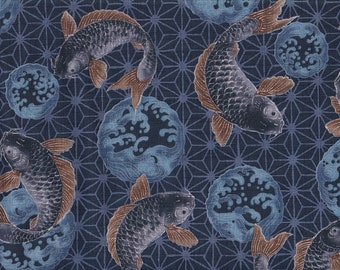 19.90 Eur/meter Traditional Japanese Fabrics Cotton Dobby 50cm x 110cm Koi & Asanoha Blue C3526d