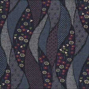 May include: Abstract textile pattern featuring a patchwork design with various textures and colors. The design includes flowing, curved shapes in shades of blue, purple, and gray, adorned with small floral accents in white, green, and maroon.
