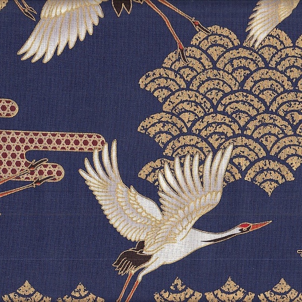 22,90 EUR/meter Japanskt tyg, traditionell bomull, 50 cm x 110 cm, trana och vågor, blå, C3022b
