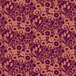 May include: A seamless pattern featuring stylized flowers and leaves in shades of peach and burgundy. The floral design includes various sizes of blooms and foliage, creating a dense, all-over print suitable for fabric or wallpaper.