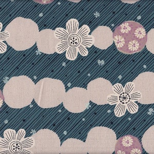 May include: A teal blue fabric with a repeating pattern of white and black flowers, pink circles with white flowers, and white circles. The fabric has a textured, linen-like appearance.