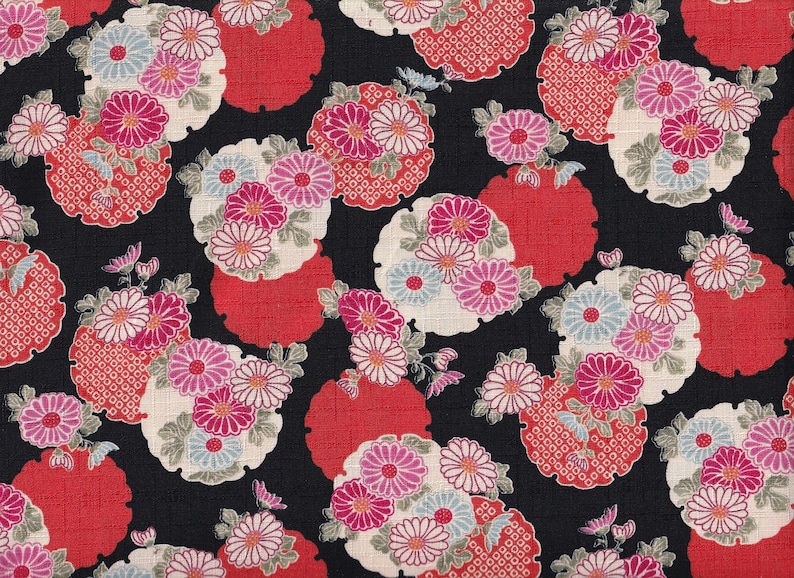 May include: A repeating pattern of stylized floral arrangements on a black background. The design features clusters of pink, white, and blue flowers within red and white circular shapes. The overall aesthetic is reminiscent of traditional Japanese textiles.