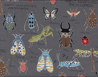 19,90 Eur/Meter Japan Fabric Children's Fabric Cotton 50 cm x 110 cm Insect Encyclopedia grey R1176d