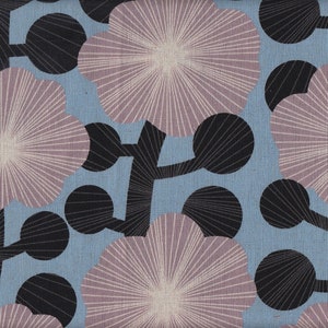Peut inclure: Un motif sans couture représentant des fleurs stylisées sur un fond bleu clair. Les fleurs sont de couleur mauve clair avec des centres blancs et des contours noirs. Les fleurs sont entourées de cercles noirs.
