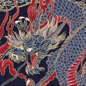22.90 Eur/Meter Japanese traditional cotton fabric Dobby 50 cm x 110 cm dragon large navy C2004d