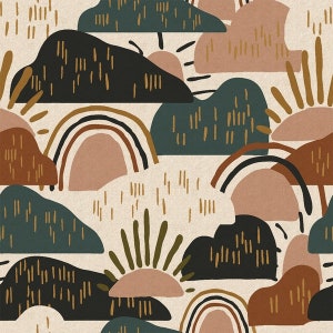 Puede incluir: Patrón abstracto con paisajes estilizados, arcoíris, soles y nubes. El diseño utiliza una paleta de negro, verde azulado, marrón y beige, creando una estética caprichosa y artística. Los elementos repetidos sugieren un diseño de papel pintado o tela.