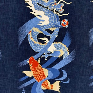 Japanese Noren Panel Japanese fabric cotton sold by the meter 48 cm x 110 cm panel dragon & koi VP05-013