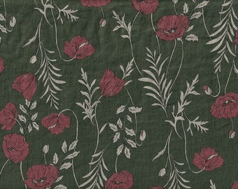 32.90 Eur/meter Japanese linen fabric 50 cm x 110 cm poppies dark green