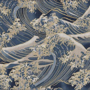 Könnte beinhalten: Ein blauer und goldener Stoff mit einem sich wiederholenden Muster aus Wellen. Die Wellen sind stilisiert und haben ein traditionelles japanisches Design.