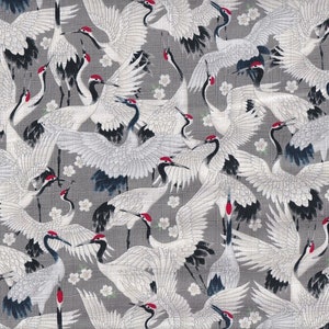 22,90 Eur/Meter Japanese fabrics traditional Japanese motifs cotton sold by the meter Dobby Cosmo 50 cm x 110 cm cranes grey