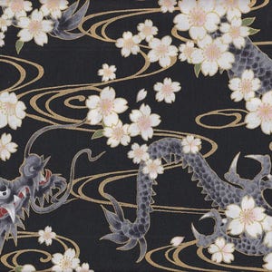 May include: Black fabric featuring a pattern of white cherry blossoms with pink centres, grey dragons, and gold swirling lines. The dragons have red accents and are interspersed with the floral design.