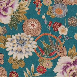 May include: Teal fabric with a floral pattern featuring large peonies in white and purple, along with smaller flowers in red, orange, and white. Gold and green leaves and a circular bamboo design complete the pattern.