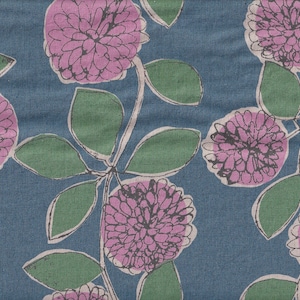 May include: A close-up of blue fabric featuring a floral design. The pattern includes large pink flowers with black outlines and white accents. Green leaves and stems are also present, creating a botanical theme.
