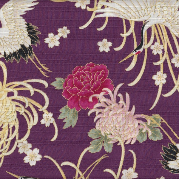 20.90 Eur/meter Japan fabric traditional Japanese motifs cotton 50 cm x 110 cm crane & kiku purple C3045c