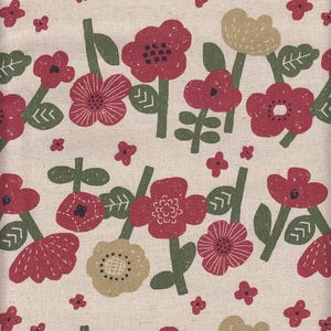 May include: Fabric featuring a floral pattern with red and beige flowers, green stems, and small red blossoms on a cream background. The flowers have detailed petals and dark centres, creating a charming, nature-inspired design.
