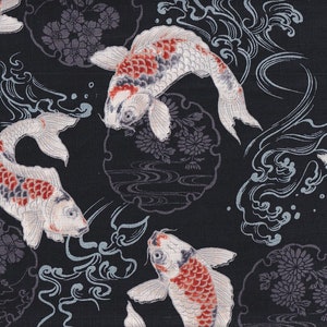 May include: Dark fabric with a repeating pattern of koi fish in white, red, and black. The design includes stylized water and floral elements in gray and light blue, creating a serene, aquatic theme.