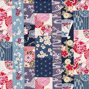 22,90 EUR/meter tyg från Japan, traditionell bomullsdobby, 50 cm x 110 cm, Hana Patch blå B397d