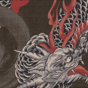 Può includere: Un drago nero e grigio con fiamme rosse, stampato su un tessuto marrone. Le squame del drago sono dettagliate e le fiamme sono stilizzate.