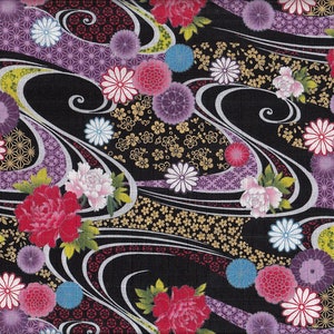 22.90 Eur/meter fabric from Japan traditional cotton dobby 50 cm x 110 cm Kiku & waves black B249b